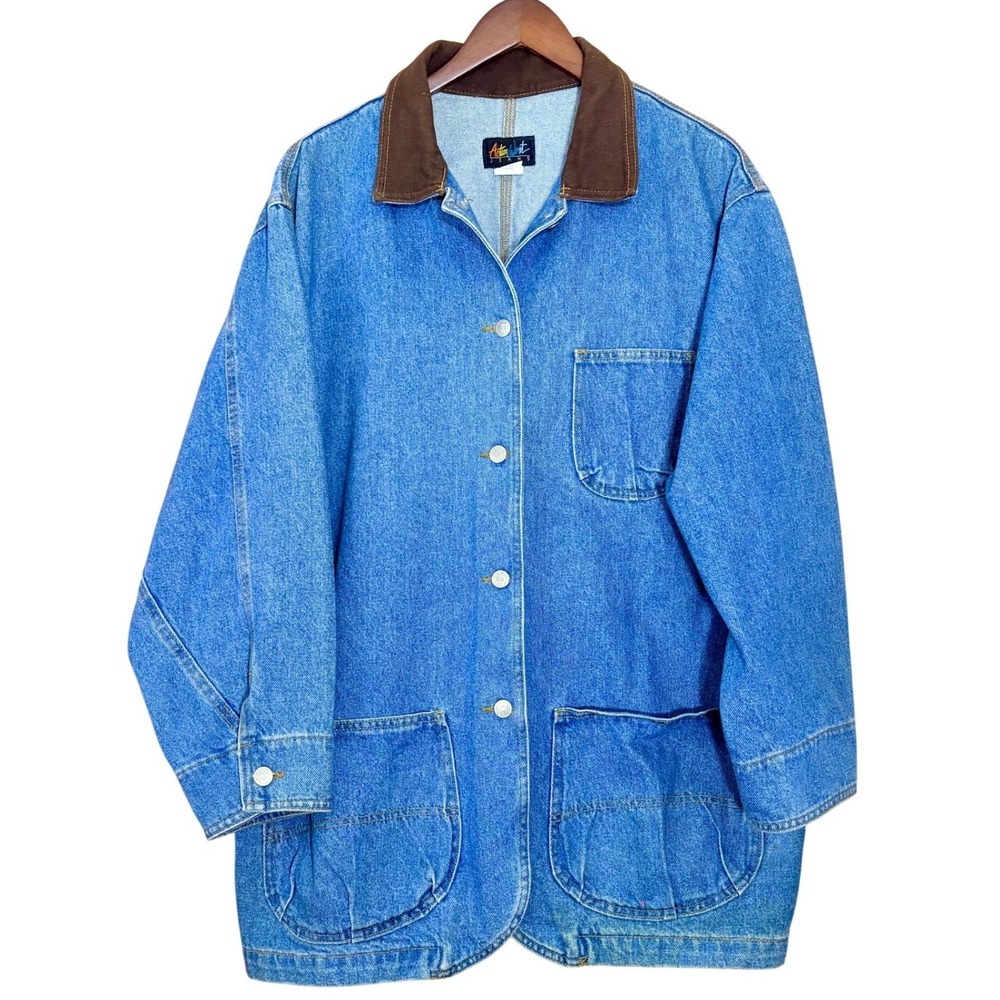 VTG Action West Jeans Womens Denim‎ Jacket XL Brown Collar Chore Barn Western